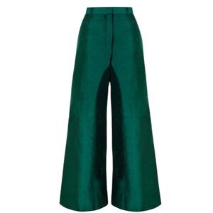New Haveli Isa Raw Silk Green Trousers Wide Leg High Waist Luxury Large $248